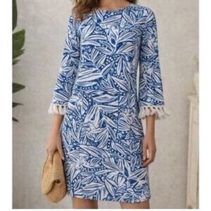 J.McLaughlin Sz Lg Brenda Dress Catalina Blue White Willow Bluff Tassels